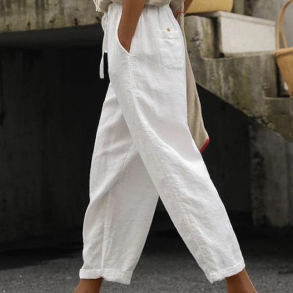 Flax Pants - Flax by Jeanne Engelhart Women's White Linen Pull On 100% Linen Pant Size L